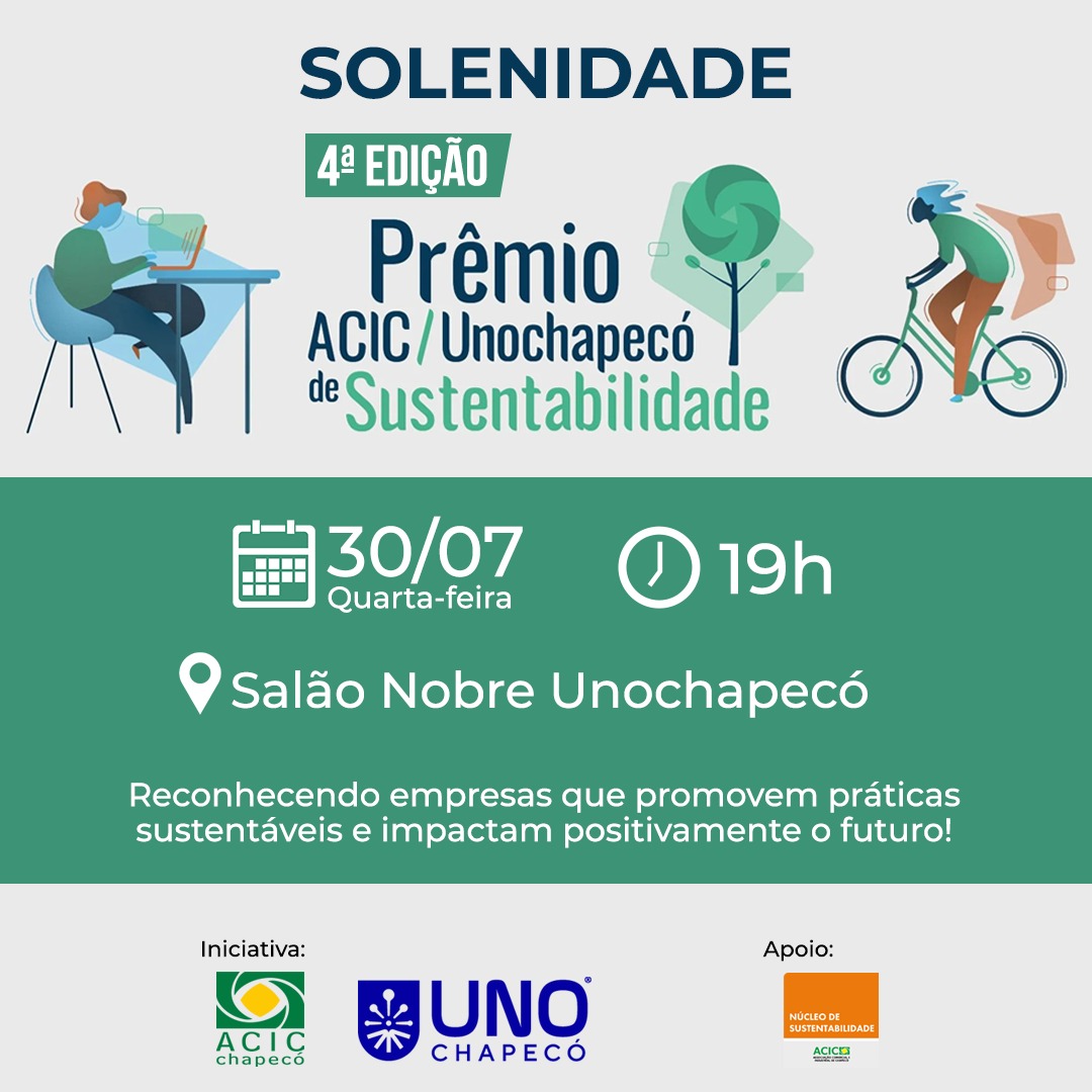 Imagem da notícia NESTA QUARTA-FEIRA (30)  Empresas e projetos serão reconhecidos no Prêmio ACIC/Unochapecó de Sustentabilidade