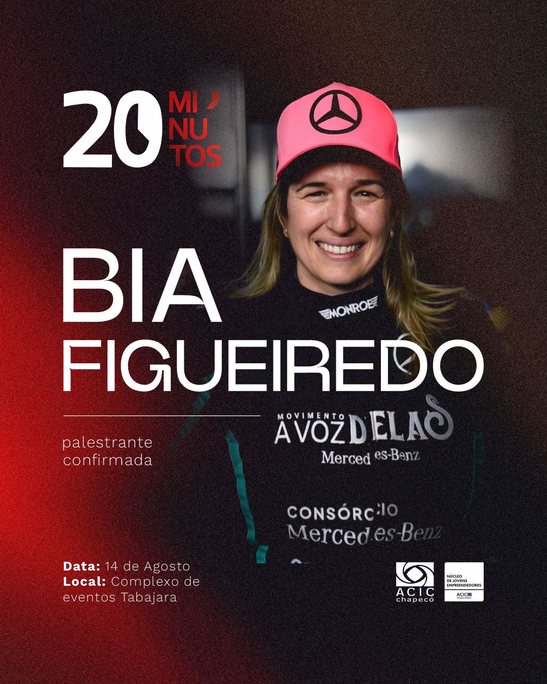 Imagem da notícia Piloto Bia Figueiredo participa do 20 Minutos, maior evento de empreendedorismo jovem da região